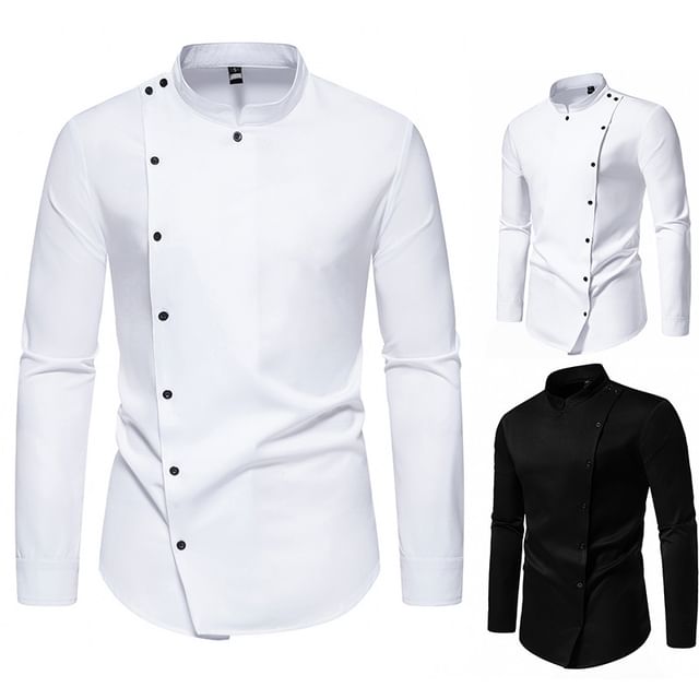Sheck-Long-Sleeve Stand Collar Plain Asymmetrical Button-Up Shirt