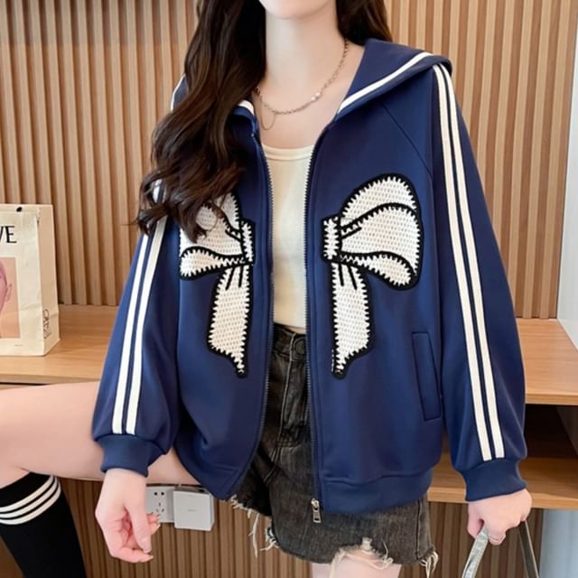 Jewie - Sailor Collar Bow Embroidered Striped Trim Zip-Up Jacket