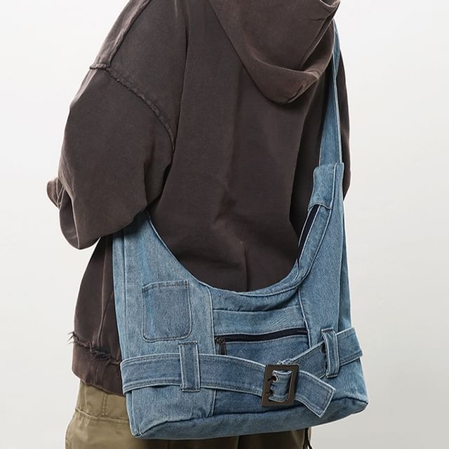 Milha-Buckled Washed Denim Crossbody Bag