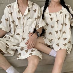 Essere - Couple Matching Pajama Set: Bear Print Top + Shorts