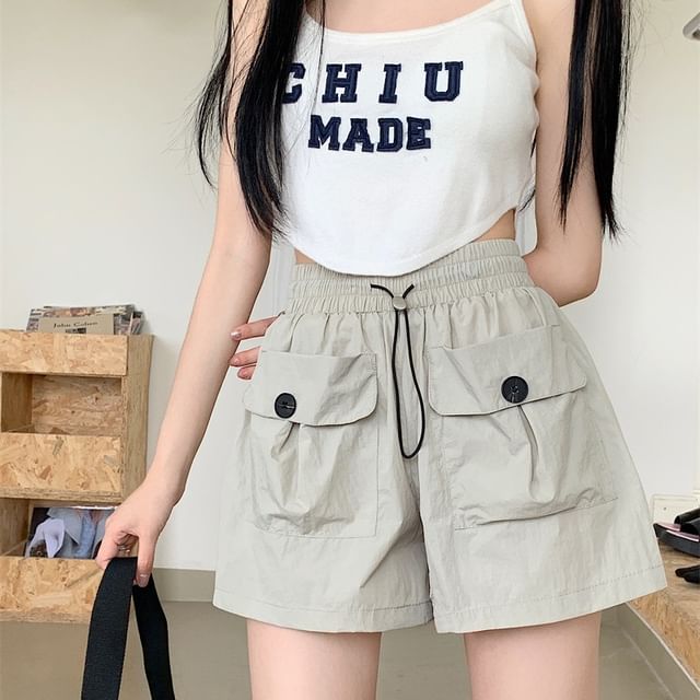 Dovitade-Drawstring Waist Plain Cargo Shorts
