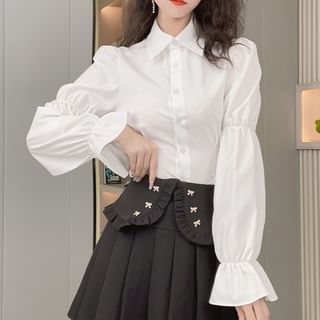 Woohan-Puff-Sleeve Plain Front-Slit Shirt