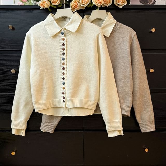 Lemongrass-Set Button-Up Knit Crop Top Plain Crop Shirt