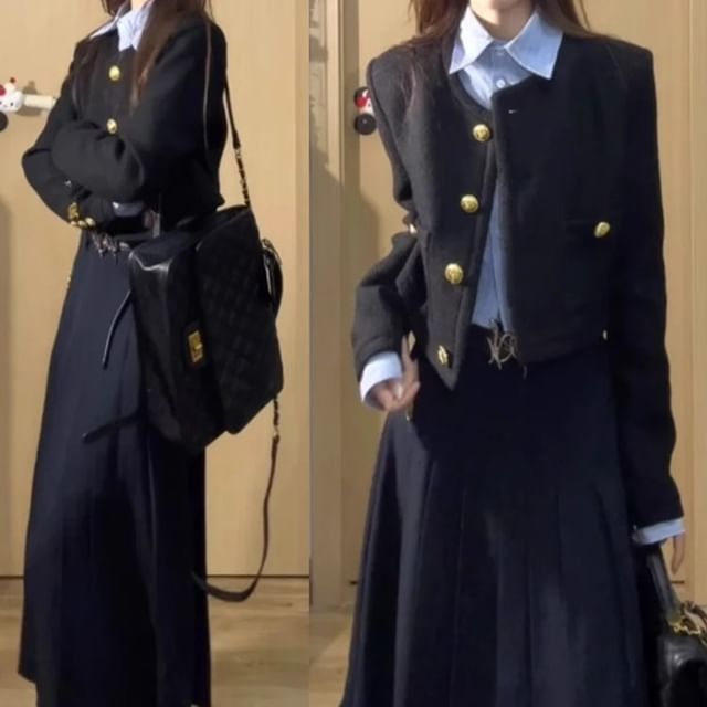 KUMI-Long-Sleeve Collared Plain Shirt Round Neck Plain Button Jacket