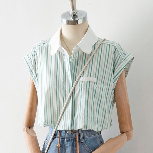 Cossita-Cap-Sleeve Contrast Collar Striped Button-Up Blouse