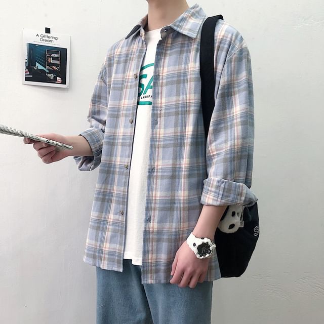 Macho-Long Sleeve Collared Plaid Button Down Shirt