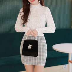 MyFiona - Mock-Neck Bell-Cuff Lace Top MyFiona - Mock-Neck Bell-Cuff Lace Top