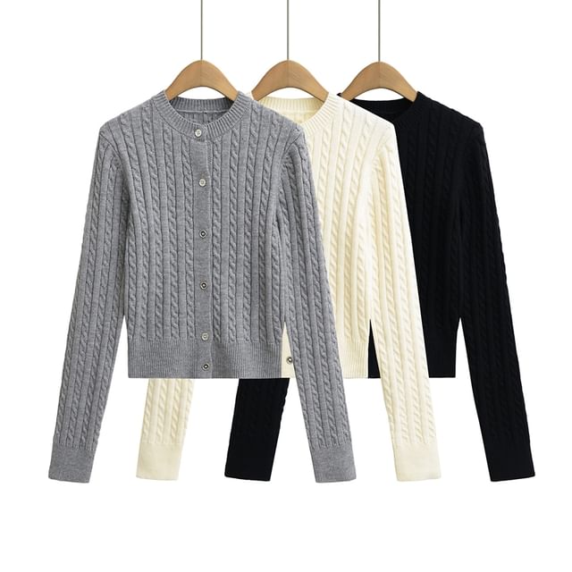 Ulark-Crew Neck Plain Cable Knit Button-Up Crop Cardigan