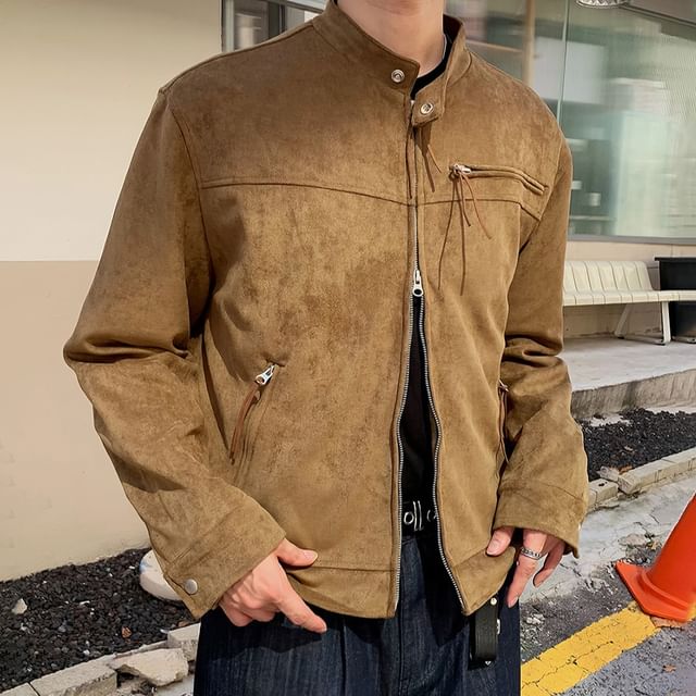 Okwano-Stand Collar Plain Panel Faux Suede Zip Jacket