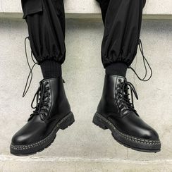 Lazi Boi - Plain Faux Leather Lace-Up Short Boots Lazi Boi - Plain Faux Leather Lace-Up Short Boots