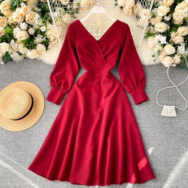 strapless open back dress Lucile Red Chiffon Pleated Belted Long Sleeve Maxi Dress