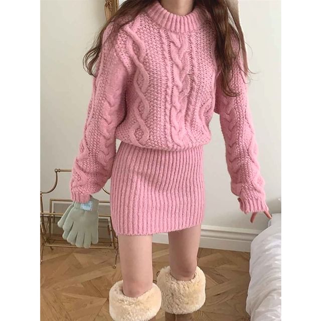 ANORA-Round Neck Plain Cable Knit Mini Sheath Sweater Dress