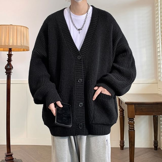 Bay Go Mall-V-Neck Plain Ribbed Button-Up Cardigan