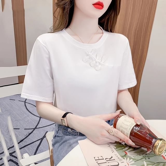 Dragan Pulse-Short-Sleeve Crew Neck Plain Frog-Button T-Shirt