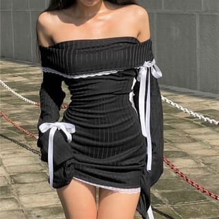 Bulgaris Long Sleeve Off Shoulder Lace Trim Ribbon Accent Striped Mini Bodycon Dress