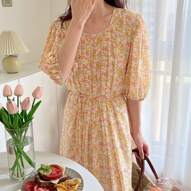 ElbowSleeve Pleated Floral Oversized Midi Dress YesStyle