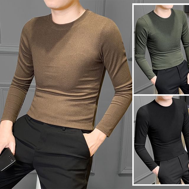 Phoneus-Long-Sleeve Crew Neck Plain Ribbed T-Shirt