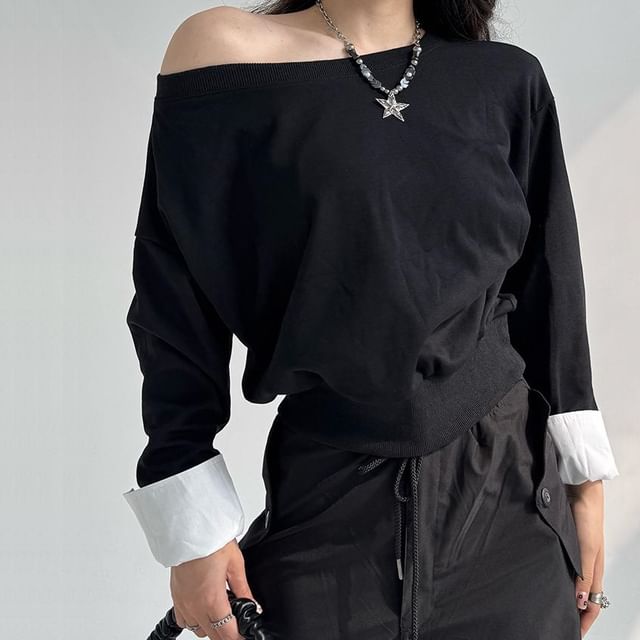 Amyway-One-Shoulder Plain Sweatshirt