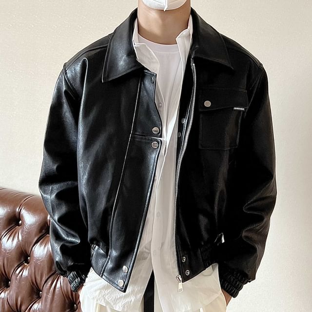 Naideth-Collared Plain Faux Leather Zip Jacket