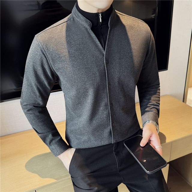 Lefitt-Long-Sleeve Mock Neck Plain Mock Two-Piece Shirt