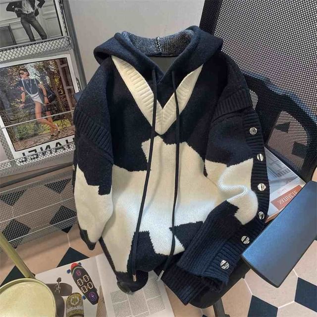 Zentrus-Drawstring Hooded Two Tone Sweater