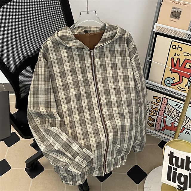 Plummie-Hooded Plaid Zip-Up Jacket