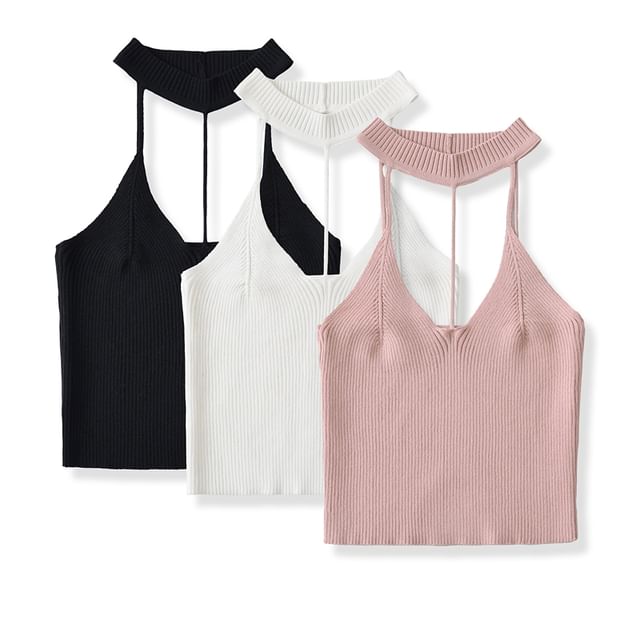 Ulark-Halter Neck Plain Knit Cami Top
