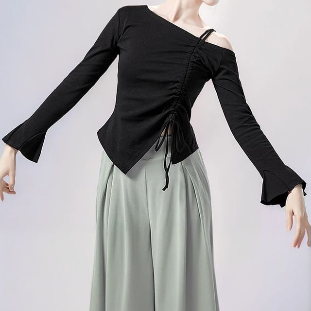 Cossita-Flared-Sleeve Cold-Shoulder Plain Drawstring Asymmetrical Dance Top