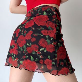 Sinora High Waist Rose Print Mesh Mini Pencil Skirt