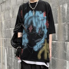 2DAWGS - Cartoon Print Oversized Elbow-Sleeve T-Shirt 2DAWGS - Cartoon Print Oversized Elbow-Sleeve T-Shirt