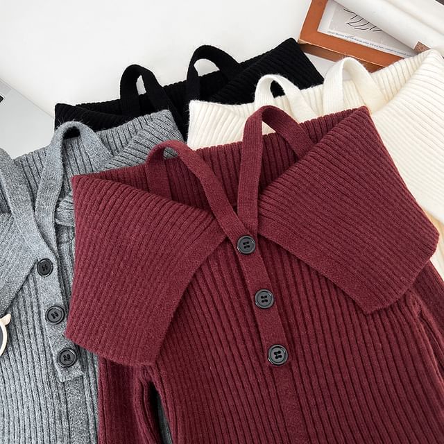 DIYI-Long Sleeve Cold Shoulder Plain Button Ribbed Knit Top