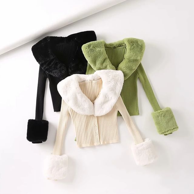 Long-Sleeve Faux Fur Trim Ribbed Knit Cardigan