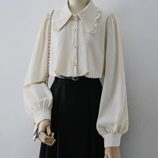 Cossita-Long-Sleeve Collar Plain Frill Trim Button-Up Blouse