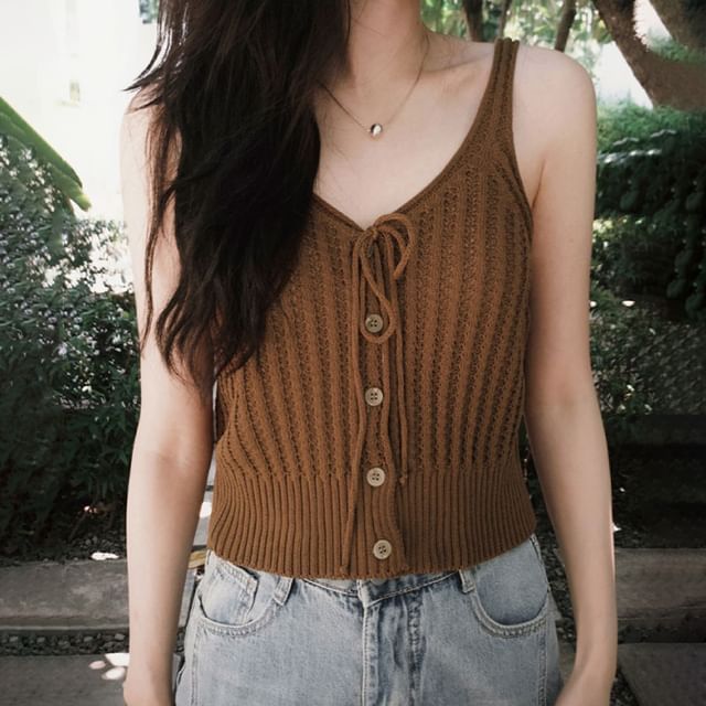 Amyway-V-Neck Plain Button Knit Tank Top