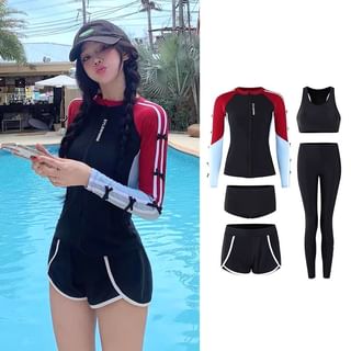 Seneliel Set: Raglan-Sleeve Bow Rash Guard + Plain Crop Tankini Top Bottom