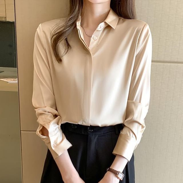 Coline-Long-Sleeve Satin Plain Shirt