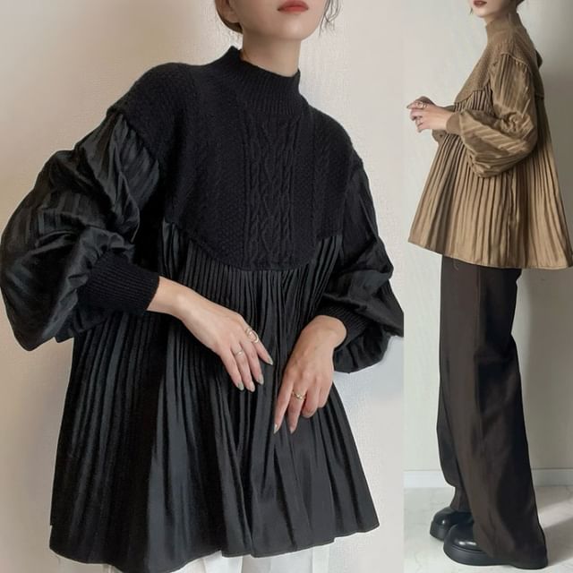 Supernova-Lantern-Sleeve Mock Neck Plain Cable Knit Panel Pleated Blouse