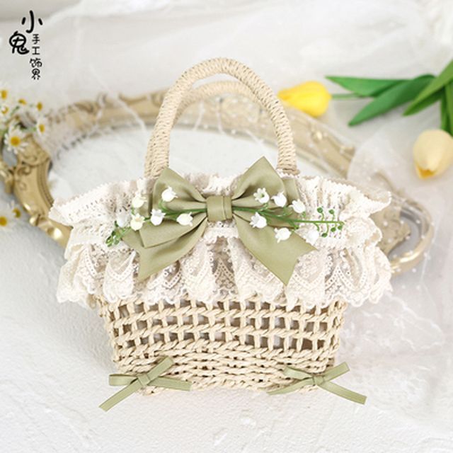 Elfis-Bow Lace Trim Straw Handbag