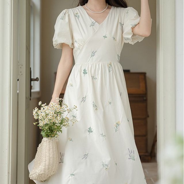 knee length dresses for ladies Floral Embroidered Cap-Sleeve V-Neck A-Line Dress S / White/Blue main image 1