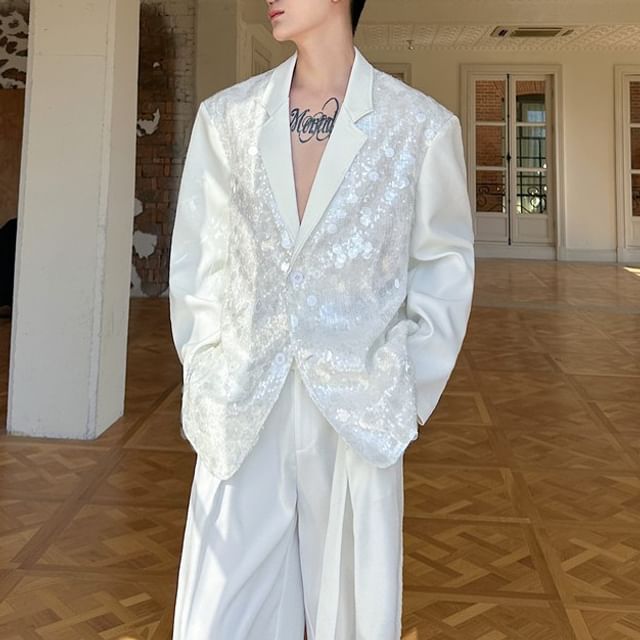 Omozando-Lapel Collar Sequin Single-Breasted Blazer