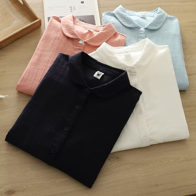 PANDAGO-Long Sleeve Peter Pan Collar Plain Shirt