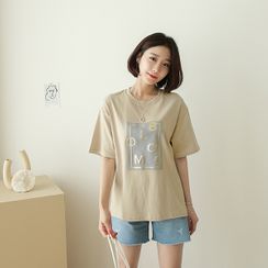 CANMART - Letter-Embossed Cotton T-Shirt CANMART - Letter-Embossed Cotton T-Shirt