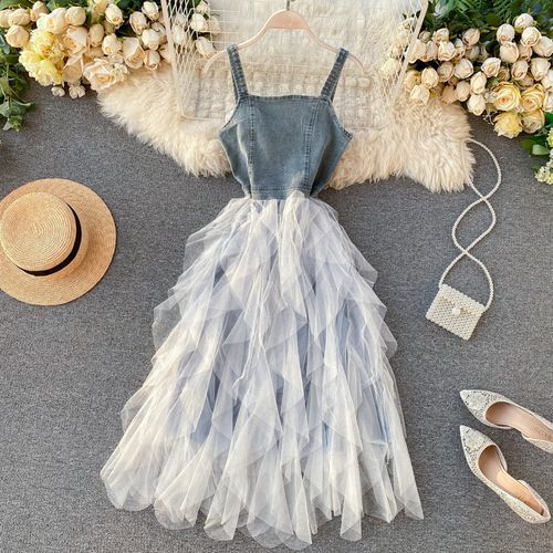 Lucuna - Wide Strap Denim Panel Midi A-Line Mesh Dress | YesStyle