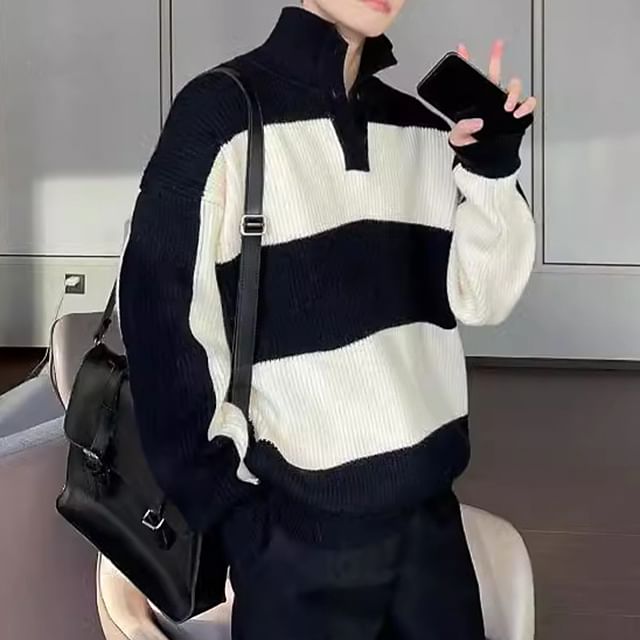 GRAYCIOUS-Henley Striped Ribbed Sweater