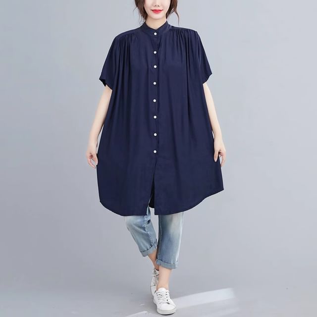 Lewwe-Short-Sleeve Stand Collar Plain Long Shirt