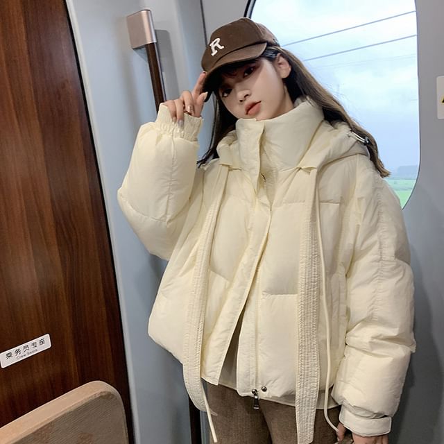 Sienne-Stand Collar Plain Panel Hood Zip Puffer Jacket
