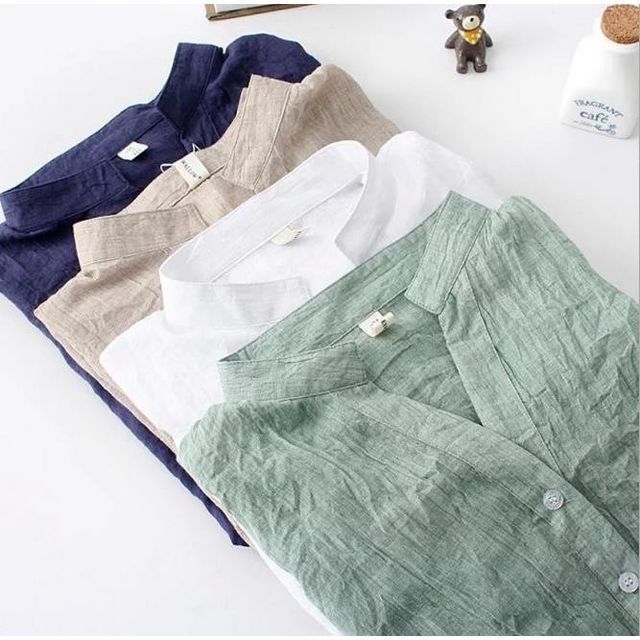 Happo-34-Sleeve Stand Collar Plain Linen Shirt