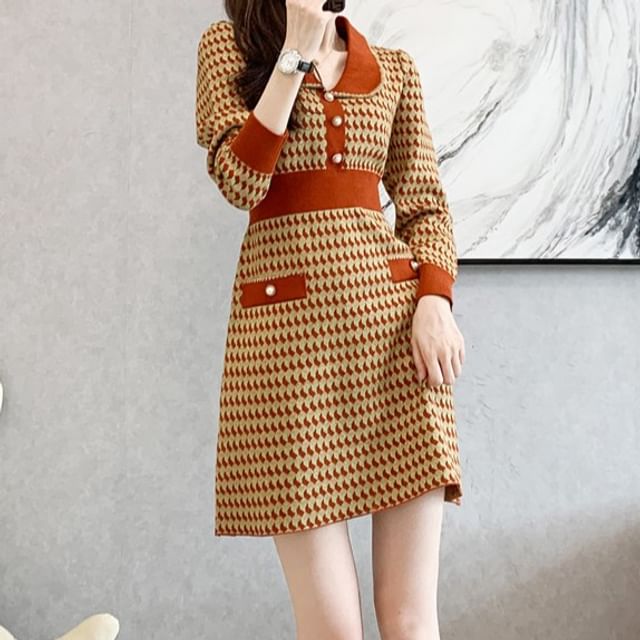 EFO - Long-Sleeve Collared Plaid Knit Mini A-Line Dress | YesStyle EFO - Long-Sleeve Collared Plaid Knit Mini A-Line Dress | YesStyle