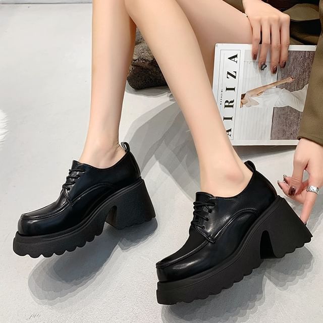 FRAISO-Lace-Up Platform Chunky Heel Derby Shoes