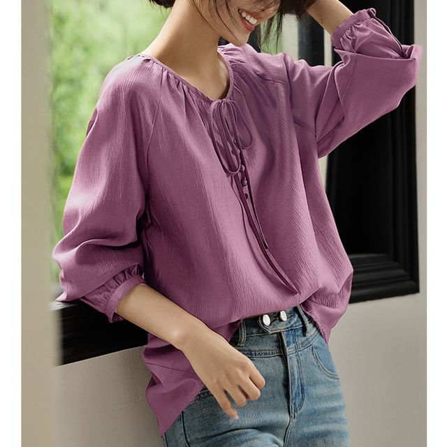Jeonseon-Long-Sleeve Round Neck Plain Tie Neck Blouse